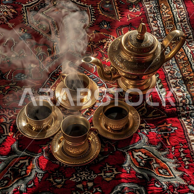 توارث الثقافة السعودية بين الأجيال, طقوس إعداد القهوة الخليجية, دلة نحاسية مزخرفة مع فناجين صغيرة, الضيافة العربية الأصيلة, سجادة حمراء بنقوش تراثية, البن الفاخر مع الهال السعودي, تقديم المشروبات الساخنة التقليدية, الضيافات الشعبية للزوار والضيوف