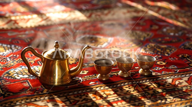 الضيافات الشعبية للزوار والضيوف، تقديم المشروبات الساخنة التقليدية, البن الفاخر مع الهال السعودي, الثقافة السعودية المتوارثة بين الأجيال, طقوس إعداد القهوة الخليجية, دلة نحاسية مزخرفة مع فناجين صغيرة, الضيافة العربية الأصيلة, سجادة حمراء بنقوش تراثية