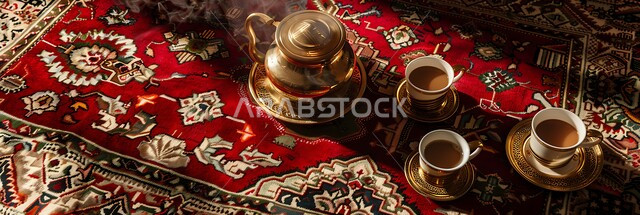 البن الفاخر مع الهال السعودي, الثقافة السعودية المتوارثة بين الأجيال, طقوس إعداد القهوة الخليجية, دلة نحاسية مزخرفة مع فناجين صغيرة, الضيافة العربية الأصيلة, سجادة حمراء بنقوش تراثية, تقديم المشروبات الساخنة التقليدية, الضيافات الشعبية للزوار والضيوف