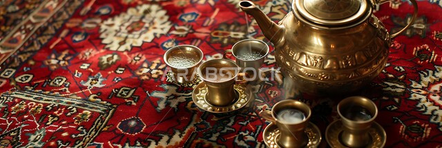 الثقافة السعودية المتوارثة بين الأجيال, طقوس إعداد القهوة الخليجية, دلة نحاسية مزخرفة مع فناجين صغيرة, الضيافة العربية الأصيلة, سجادة حمراء بنقوش تراثية, البن الفاخر مع الهال السعودي, تقديم المشروبات الساخنة التقليدية, الضيافات الشعبية للزوار والضيوف