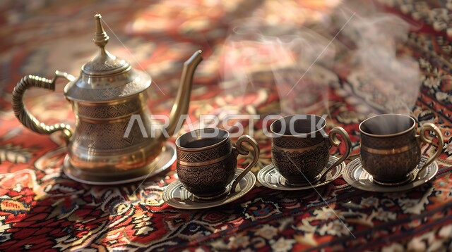 فناجين صغيرة بجانب دلة نحاسية مزخرفة, الضيافة العربية الأصيلة, طقوس إعداد القهوة الخليجية، سجادة حمراء بنقوش تراثية, الثقافة السعودية المتوارثة بين الأجيال, البن الفاخر مع الهال السعودي, تقديم المشروبات الساخنة التقليدية, الضيافات الشعبية للزوار والضيوف