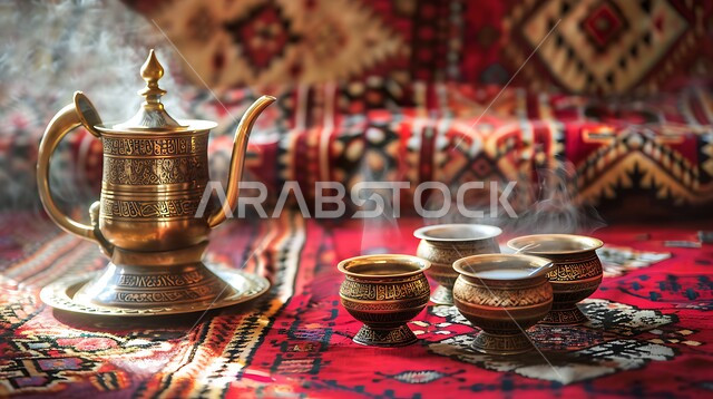 سجادة حمراء بنقوش تراثية, الضيافة العربية الأصيلة, دلة نحاسية مزخرفة مع فناجين صغيرة, طقوس إعداد القهوة الخليجية، الثقافة السعودية المتوارثة بين الأجيال, البن الفاخر مع الهال السعودي, تقديم المشروبات الساخنة التقليدية, الضيافات الشعبية للزوار والضيوف