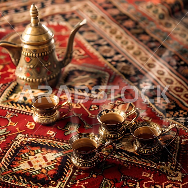 دلة نحاسية مزخرفة مع فناجين صغيرة, الضيافة العربية الأصيلة, طقوس إعداد القهوة الخليجية، سجادة حمراء بنقوش تراثية, الثقافة السعودية المتوارثة بين الأجيال, البن الفاخر مع الهال السعودي, تقديم المشروبات الساخنة التقليدية, الضيافات الشعبية للزوار والضيوف