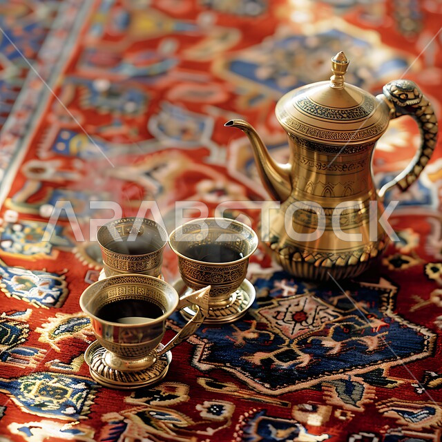 طقوس إعداد القهوة الخليجية, دلة نحاسية مزخرفة مع فناجين صغيرة, الضيافة العربية الأصيلة, سجادة حمراء بنقوش تراثية, الثقافة السعودية المتوارثة بين الأجيال, البن الفاخر مع الهال السعودي, تقديم المشروبات الساخنة التقليدية, الضيافات الشعبية للزوار والضيوف
