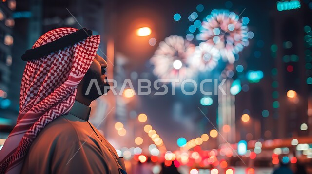 المناسبات والأعياد السعيدة في السعودية ، الاستمتاع بمشاهدة الألعاب النارية و المفرقعات، المشاركة بالأنشطة الترفيهية والفعاليات الاحتفالية، صورة مقربة من الخلف لشاب عربي خليجي سعودي مبتسم يرتدي الزي التقليدي والشماغ ينظر الى السماء