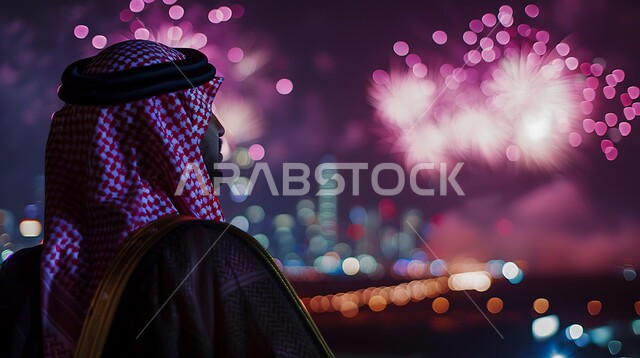 الأعياد والمناسبات السعيدة في السعودية ، الاستمتاع بمشاهدة الألعاب النارية و المفرقعات، المشاركة بالأنشطة الترفيهية والفعاليات الاحتفالية، صورة مقربة من الخلف لشاب عربي خليجي سعودي مبتسم يرتدي الزي التقليدي والشماغ ينظر الى السماء