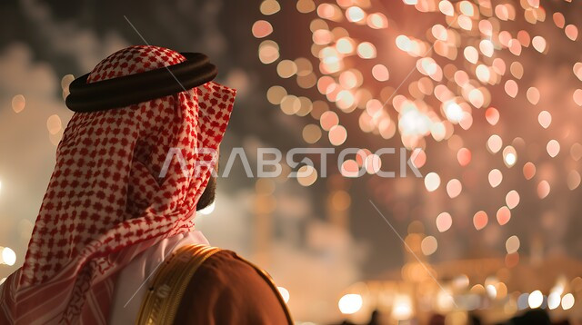 الاستمتاع بمشاهدة الألعاب النارية و المفرقعات، المشاركة بالأنشطة الترفيهية والفعاليات الاحتفالية، الأعياد والمناسبات السعيدة في السعودية ، صورة مقربة من الخلف لشاب عربي خليجي سعودي مبتسم يرتدي الزي التقليدي والشماغ ينظر الى السماء
