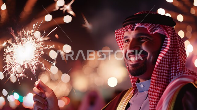 الألعاب النارية و المفرقعات في الأعياد والمناسبات، المشاركة بالأنشطة الترفيهية والفعاليات الاحتفالية، شاب عربي خليجي سعودي مبتسم يرتدي الزي التقليدي والشماغ  يحمل بيده شعلة من النور، ايماءات السعادة والسرور