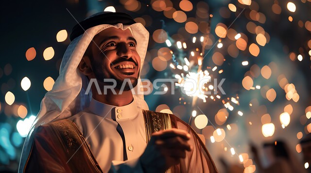 المشاركة بالأنشطة الترفيهية والفعاليات الاحتفالية، الألعاب النارية و المفرقعات في الأعياد والمناسبات، شاب عربي خليجي سعودي مبتسم يرتدي الزي التقليدي والغترة يحمل بيده شعلة من النور، ايماءات السعادة والسرور