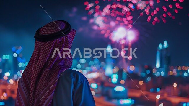 الفعاليات الاحتفالية والأنشطة الترفيهية، المشاركة في المناسبات والأعياد السعيدة في السعودية ، الاستمتاع بمشاهدة الألعاب النارية و المفرقعات، صورة مقربة من الخلف لشاب عربي خليجي سعودي يرتدي الزي التقليدي والشماغ ينظر الى السماء