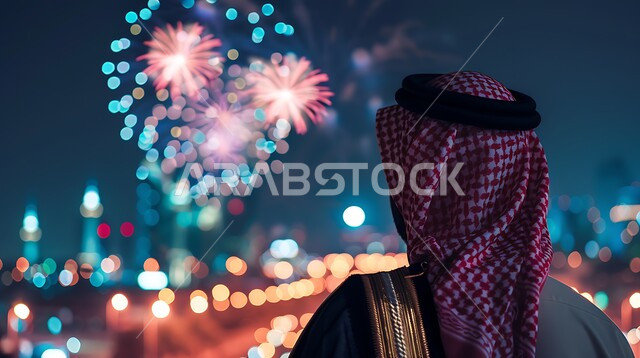 الأنشطة الترفيهية والفعاليات الاحتفالية، المشاركة في المناسبات والأعياد السعيدة في السعودية ، الاستمتاع بمشاهدة الألعاب النارية و المفرقعات، صورة مقربة من الخلف لشاب عربي خليجي سعودي يرتدي الزي التقليدي والشماغ ينظر الى السماء