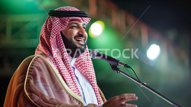 الأنشطة الترفيهية والعروض المسرحية، الندوات التثقيفية والمسرحيات الممتعة، التفاعل مع الجمهور على خشبة المسرح، إلقاء خطاب وندوة ثقافية، المناسبات والأعياد السعيدة في السعودية، رجل عربي خليجي سعودي يرتدي الزي التقليدي يحمل بيده مايكروفون