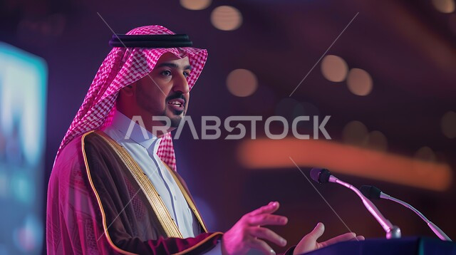 الندوات التثقيفية والمسرحيات الممتعة، التفاعل مع الجمهور على خشبة المسرح، إلقاء خطاب وندوة ثقافية، الأنشطة الترفيهية والعروض المسرحية، المناسبات والأعياد السعيدة في السعودية، رجل عربي خليجي سعودي يرتدي الزي التقليدي يحمل بيده مايكروفون