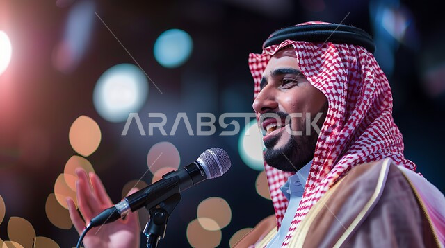 Fun plays and educational seminars, interaction with the audience on stage, giving a speech and a cultural seminar, entertainment activities and theatrical performances, happy occasions and holidays in Saudi Arabia, a Saudi Arabian Gulf man wearing traditional dress holding a microphone in his hand