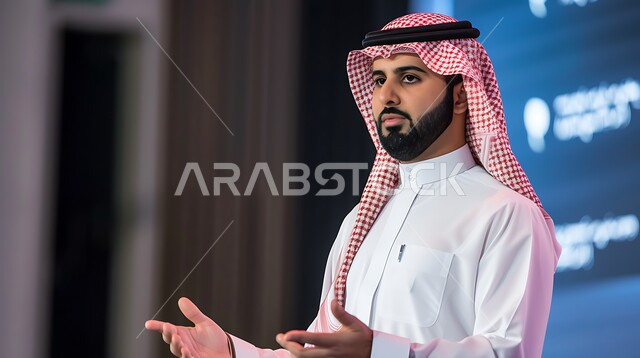 الاهتمام بالأناقة والمظهر الخارجي، مفهوم الرجولة والثقة بالنفس، صورة مقربة لرجل عربي خليجي سعودي يرتدي الزي التقليدي والشماغ يقف باستقامة وينظر الى شيء ما، ايماءات السعادة والسورو