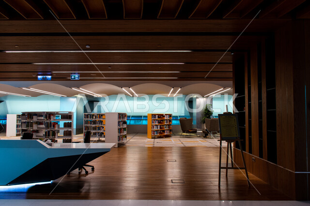 Interior design of bookshelves in Mohammed bin Rashid Library, rich in magazines and dictionaries in the Emirate of Dubai, a place for readers and lovers of science and knowledge, a distinguished intellectual edifice and a famous cultural landmark, a beacon of culture and thought, the architectural art of libraries, museums and exhibitions in the United Arab Emirates