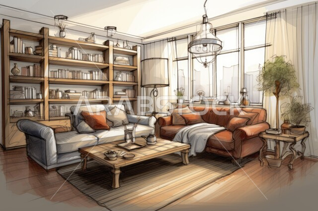  ديكور داخلي للمنازل والقصور ، رسوم توضيحية ثلاثية الابعاد لتصميم غرفة جلوس حديثة ، تصاميم عصرية جذابة ، رسم معماري  دقيق  ، فن هندسي متطور 