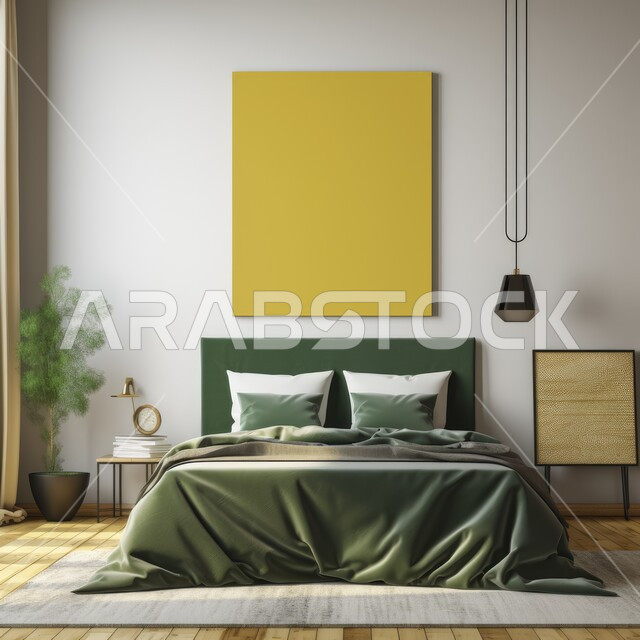 غرفة نوم بتصاميم عصرية حديثة ، اثاث واكسسوارات منزلية داخلية انيقة ، شقق وفلل سكنية فاخرة ، فنادق ومنتجعات بديكورات راقية ، التصميم الداخلي والهندسة المعمارية ، لوحة خضراء فارغة معلقة على الجدار