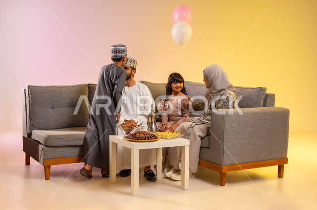 The children show feelings of righteousness, contentment, and love for the parents by kissing the father’s head on the morning of Eid, the family gathering and sitting with each other happily, wearing traditional Omani clothes to welcome the blessed Eid, a portrait of an Arab Gulf Omani family celebrating Islamic occasions, colorful background.