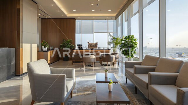 The company’s team meeting hall, modern chairs and tables, architectural art in building meeting rooms, a large glass facade overlooking skyscrapers, contemporary interior decoration, use of luxury accessories and lights, a comfortable work environment away from the noise of the city