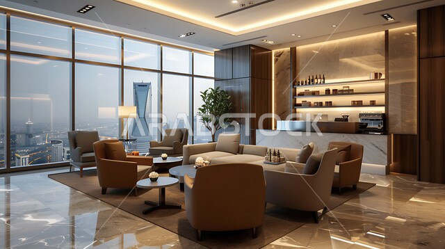مقاعد وطاولات عصرية, الفن الهندسي المعماري في بناء قاعات الاجتماعات, صالة كبيرة لاجتماع رجال ونساء الأعمال, الواجهة الزجاجية الكبيرة المطلة على ناطحات السحاب, الديكور الداخلي المعاصر, استخدام اكسسوارات وأضواء فاخرة, بيئة عمل مريحة وبعيدة عن ضوضاء المدينة