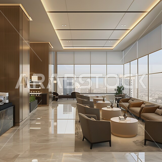  التصميم الهندسي المعماري في بناء قاعات الاجتماعات, بيئة عمل مريحة وبعيدة عن ضوضاء المدينة, استخدام اكسسوارات وأضواء فاخرة, أثاث وطاولات عصرية, الديكور الداخلي المعاصر, الواجهة الزجاجية الكبيرة المطلة على ناطحات السحاب, صالة كبيرة لاجتماع رجال ونساء الأعمال