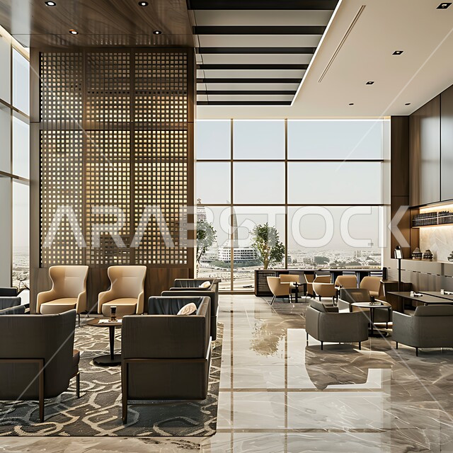 بيئة عمل مريحة وبعيدة عن ضوضاء المدينة, استخدام اكسسوارات وأضواء فاخرة, أثاث وطاولات عصرية, الديكور الداخلي المعاصر, الواجهة الزجاجية الكبيرة المطلة على ناطحات السحاب, صالة كبيرة لاجتماع رجال ونساء الأعمال, الفن الهندسي المعماري في بناء قاعات الاجتماعات