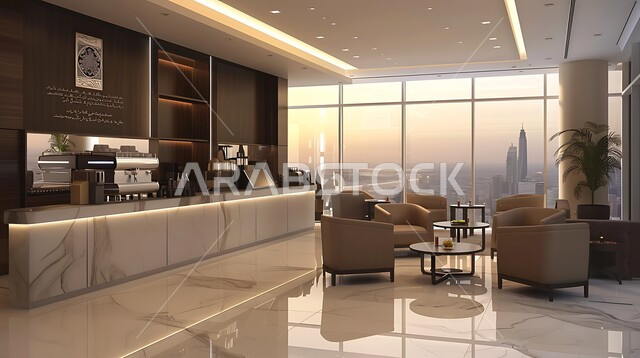 A large hall for businessmen and women to meet, architectural engineering art in building meeting rooms, a large glass facade overlooking skyscrapers, contemporary interior decoration, modern furniture and tables, use of luxurious accessories and lights, a comfortable work environment away from the noise of the city