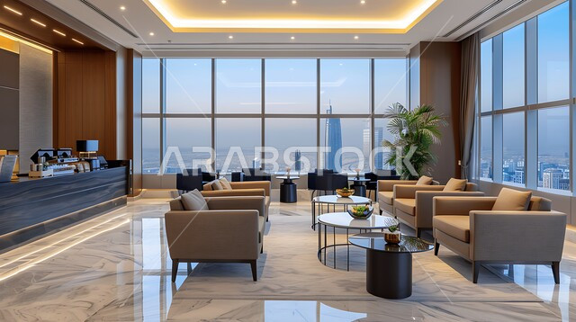 الفن الهندسي المعماري في بناء قاعات الاجتماعات, صالة كبيرة لاجتماع رجال ونساء الأعمال, الواجهة الزجاجية الكبيرة المطلة على ناطحات السحاب, الديكور الداخلي المعاصر, أثاث وطاولات عصرية, استخدام اكسسوارات وأضواء فاخرة, بيئة عمل مريحة وبعيدة عن ضوضاء المدينة