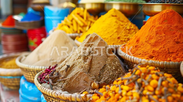 الاسواق التقليدية الشعبية لبيع البهارات والعطريات، منكهات وملونات طبيعية للمأكولات والأطعمة، عرض التوابل الملونة والمتنوعة، نباتات ذات فوائد صحية وعلاجية، منتجات زراعية محلية, محاصيل وطنية من مزارع المملكة العربية السعودية
