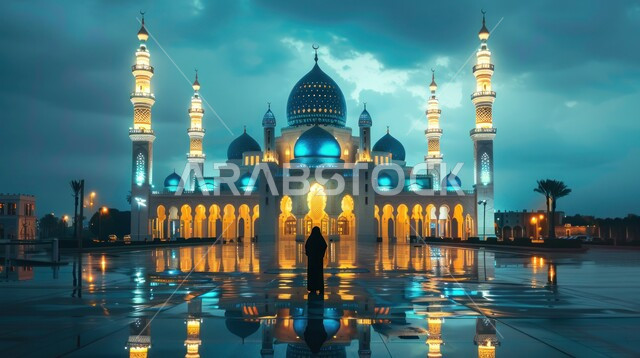  إنارة المآذن الشامخة في وقت الليل, الفن الهندسي المعماري لبناء المساجد في المملكة العربية السعودية, التصاميم الخارجية والديكورات الحديثة لبناء مسجد، أماكن إسلامية مقدسة، نداء المسلمين لأداء الفرائض والصلوات، العبادة والتقرب الى الله