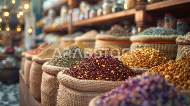 ترتيب عرض التوابل الملونة والمتنوعة، نباتات ذات فوائد صحية وعلاجية، منكهات وملونات طبيعية للمأكولات والأطعمة, الاسواق التقليدية الشعبية لبيع البهارات والعطريات، منتجات زراعية محلية, محاصيل وطنية من مزارع المملكة العربية السعودية