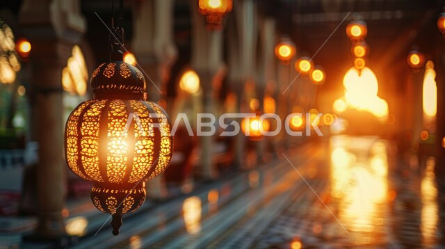 فانوس معدني مزخرف مضيء وقت الليل، زينة وديكورات رمضان المبارك، تصاميم و زخارف دينية اسلامية، فوانيس و مصابيح عربية قديمة، الاحتفال بقدوم شهر الخير والبركة، استقبال الأجواء الرمضانية الروحانية