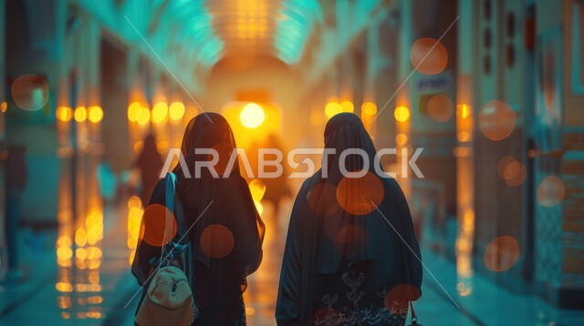 Wandering in the markets and commercial centers, a picture from the back of two veiled Saudi Gulf Arab women wearing black abayas and walking in a traditional market, spending enjoyable times and having fun, having a happy vacation with family and friends.
