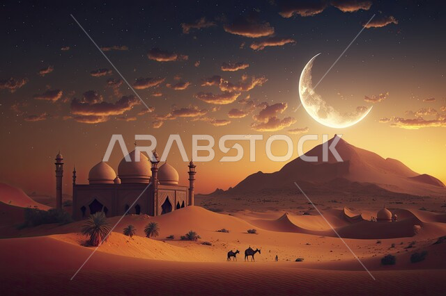 وسائل مواصلات قديمة ,مفهوم السفر على حيوان الابل, صورة من الخلف لرجل عربي خليجي سعودي يمتطي الجمل في المناطق الصحراوية وقت غروب الشمس في المملكة العربيه السعودية, خلفية المساجد الاسلامية وسط الطبيعه