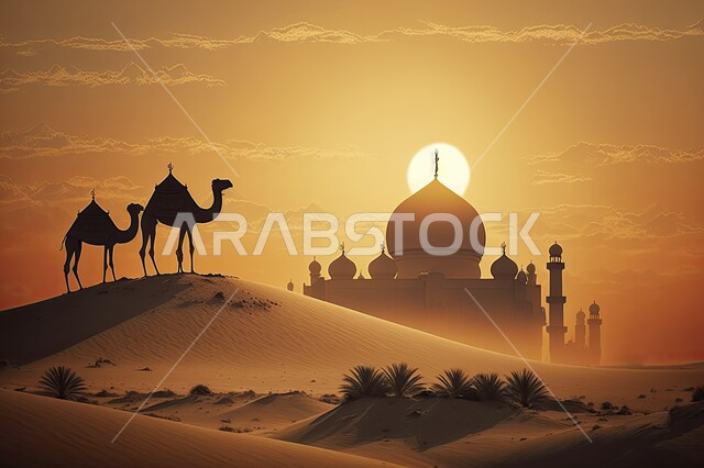 وسائل مواصلات قديمة ,مفهوم السفر على حيوان الابل, صورة من الخلف لرجل عربي خليجي سعودي يمتطي الجمل في المناطق الصحراوية وقت غروب الشمس في المملكة العربيه السعودية, خلفية المساجد الاسلامية وسط الطبيعه