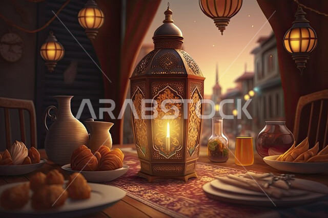 Islamic art in antiques, decorations and ornamental accessories, a close-up of a illuminated decorative metal lantern and a candle next to a bowl full of dates on a wooden table, the Prophet’s Sunnah of breaking the fast, religious occasions and holidays, the spiritual atmosphere in the holy month of Ramadan
