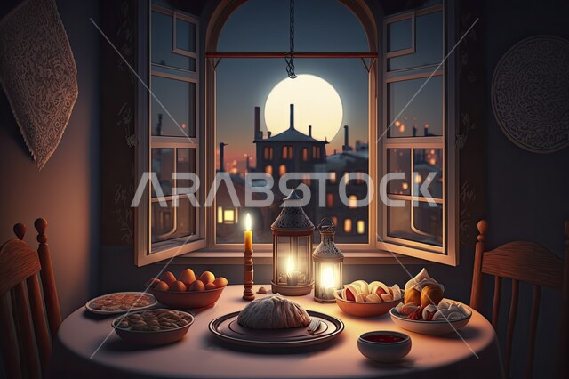 Islamic art in antiques, decorations and ornamental accessories, a close-up of a illuminated decorative metal lantern and a candle next to a bowl full of dates on a wooden table, the Prophet’s Sunnah of breaking the fast, religious occasions and holidays, the spiritual atmosphere in the holy month of Ramadan