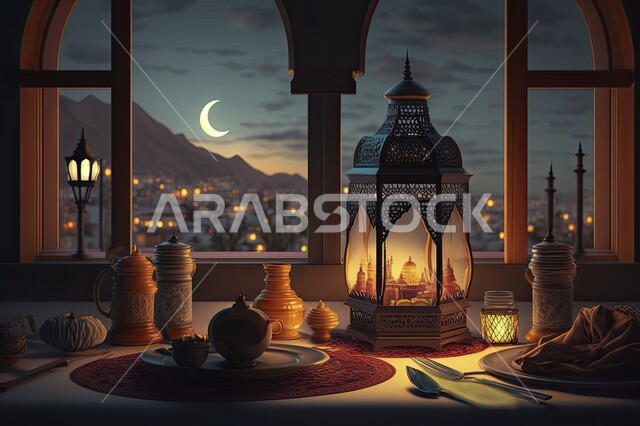 الفن الإسلامي في التحف والديكورات واكسسوارات الزينة، صورة مقربة لفانوس معدني مزخرف مضيئ وشمعة بجانب وعاء مليء بالتمر على طاولة خشبية، سنة الإفطار النبوية، المناسبات والأعياد الدينية، الأجواء الروحانية في شهر رمضان المبارك