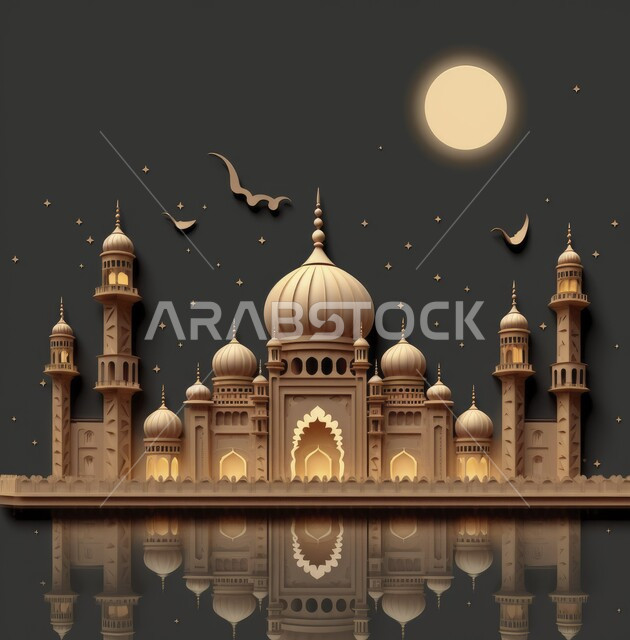 Minarets and domes of mosques in the Islamic style, the call to Muslims to perform obligatory prayers and prayers, distinctive religious architectural decorations and designs, the view of the sky at sunset, the concept of worship and getting closer to God Almighty.