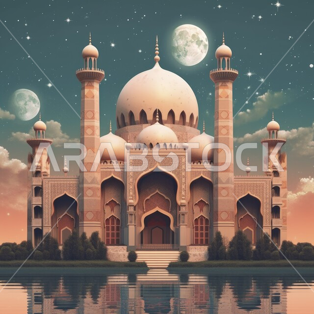 مآذن و قبب المساجد على الطراز الاسلامي، نداء المسلمين لأداء الفرائض والصلوات، الديكورات والتصاميم الهندسية الدينية المتميزة، منظر السماء في وقت غروب الشمس، مفهوم العبادة والتقرب إلى الله تعالى