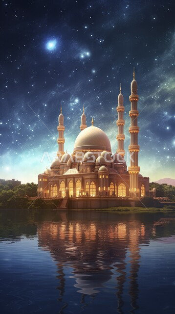 The concept of worship and drawing closer to God Almighty, the minarets and domes of mosques in the Islamic style, the call to Muslims to perform the obligatory prayers and prayers, the distinctive religious architectural decorations and designs, the view of the sky at sunset.