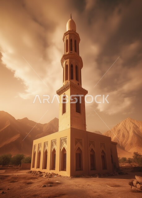 The concept of worship and drawing closer to God Almighty, the minarets and domes of mosques in the Islamic style, the call to Muslims to perform the obligatory prayers and prayers, the distinctive religious architectural decorations and designs, the view of the sky at sunset.