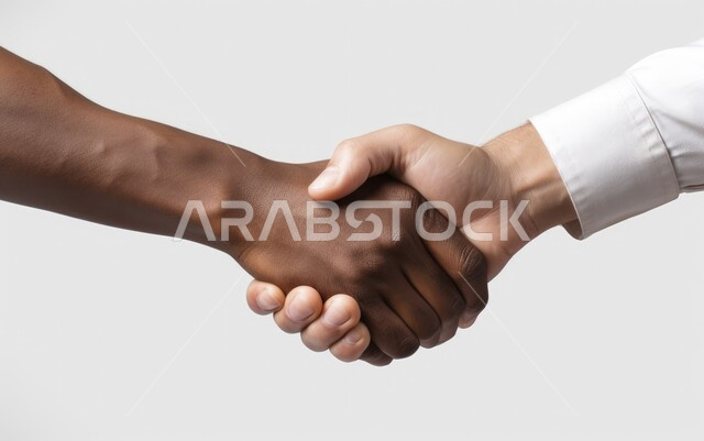 الشراكة في الأعمال والمشاريع، صداقات وتعارف وبناء علاقات اجتماعية، عقد صفقات عمل جديدة ناجحة، صورة مقربة لايدي رجلان عربيان خليجيان سعوديان يقومان بمصافحة بعضهما، توسيع مجالات العمل