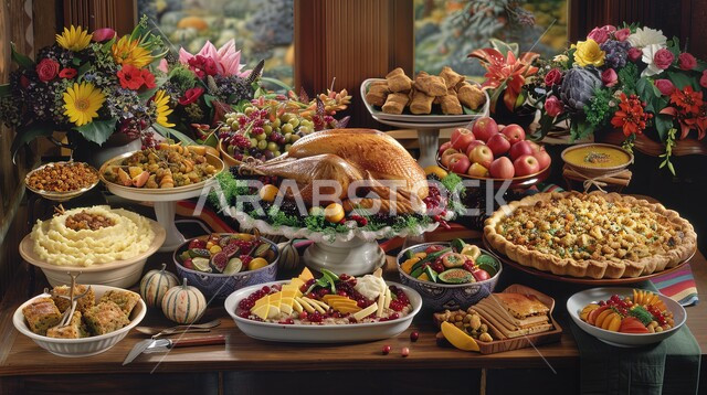 Delicious oriental Arabic appetizers, dishes and dishes, a dining table full of various Ramadan meals, a meal of delicious traditional popular food, the atmosphere of the holy month of Ramadan, invitations and banquets on Islamic holidays and occasions.