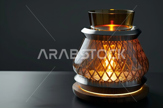 تحف واكسسوارت متميزة، الأجواء الروحانية والاحتفال بالمناسبات والأعياد الدينية الاسلامية، ديكورات وزينة رمضان المبارك, صورة مقربة لفانوس معدني تقليدي مضيء على سطح خشبي, البهجة بقدوم شهر الخير