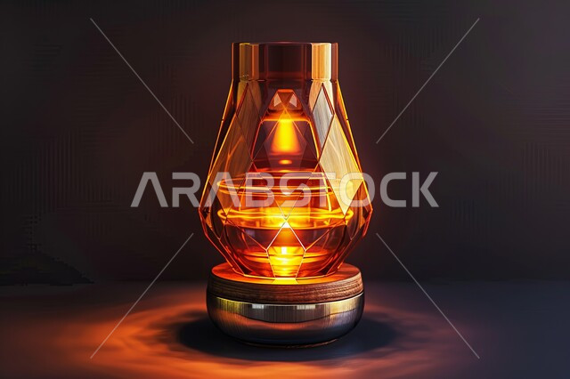 تحف واكسسوارت متميزة، الأجواء الروحانية والاحتفال بالمناسبات والأعياد الدينية الاسلامية، ديكورات وزينة رمضان المبارك, صورة مقربة لفانوس معدني تقليدي مضيء على سطح خشبي, البهجة بقدوم شهر الخير