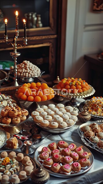 سفرة مليئة باطباق من الحلويات اللذيذة بالفستق والمكسرات، كرم الضيافة في السعودية، وصفات الأطعمة العربية الشرقية، أكلات غنية بالسكريات والسعرات الحرارية، ضيافة الأعياد والمناسبات في المملكة، منتجات محلية وطنية