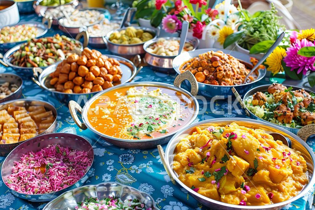 سفرة مليئة باطباق من الحلويات اللذيذة بالفستق والمكسرات، كرم الضيافة في السعودية، وصفات الأطعمة العربية الشرقية، أكلات غنية بالسكريات والسعرات الحرارية، ضيافة الأعياد والمناسبات في المملكة، منتجات محلية وطنية