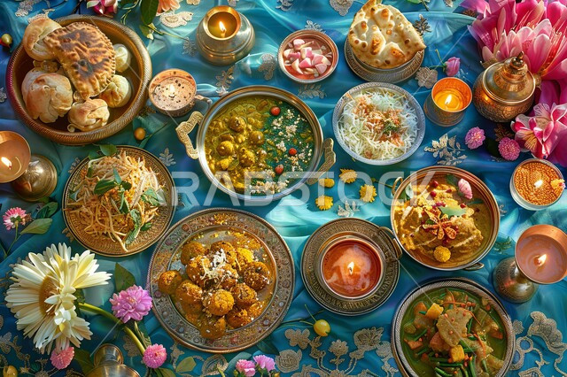 سفرة مليئة باطباق من الحلويات اللذيذة بالفستق والمكسرات، كرم الضيافة في السعودية، وصفات الأطعمة العربية الشرقية، أكلات غنية بالسكريات والسعرات الحرارية، ضيافة الأعياد والمناسبات في المملكة، منتجات محلية وطنية